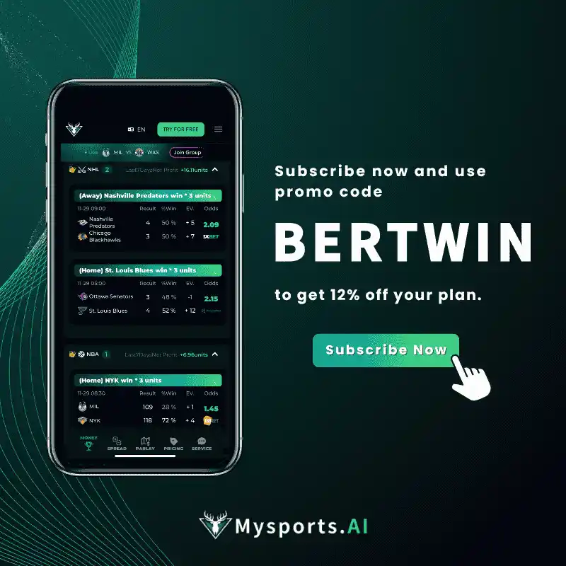 Mysports.AI sports betting prediction platform interface with promo code BERTWIN for 12% discount