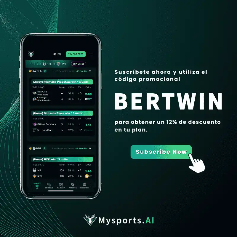 Plataforma de predicción de apuestas deportivas con IA Mysports.AI con código promocional BERTWIN y 12% de descuento