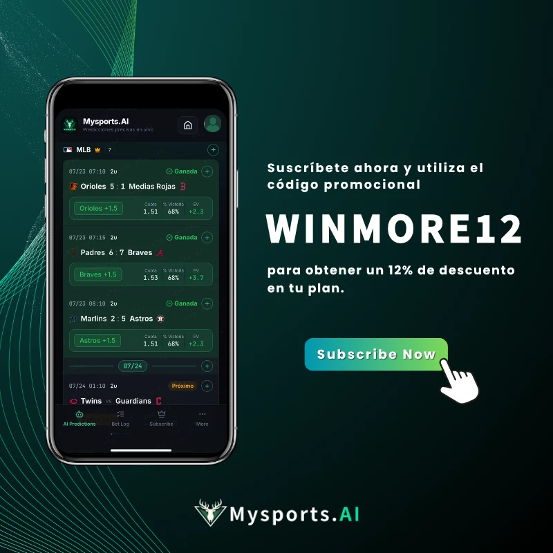 Aplicación Mysports.AI con predicciones deportivas por IA y código promocional WINMORE12 para obtener un 12 % de descuento en la suscripción.