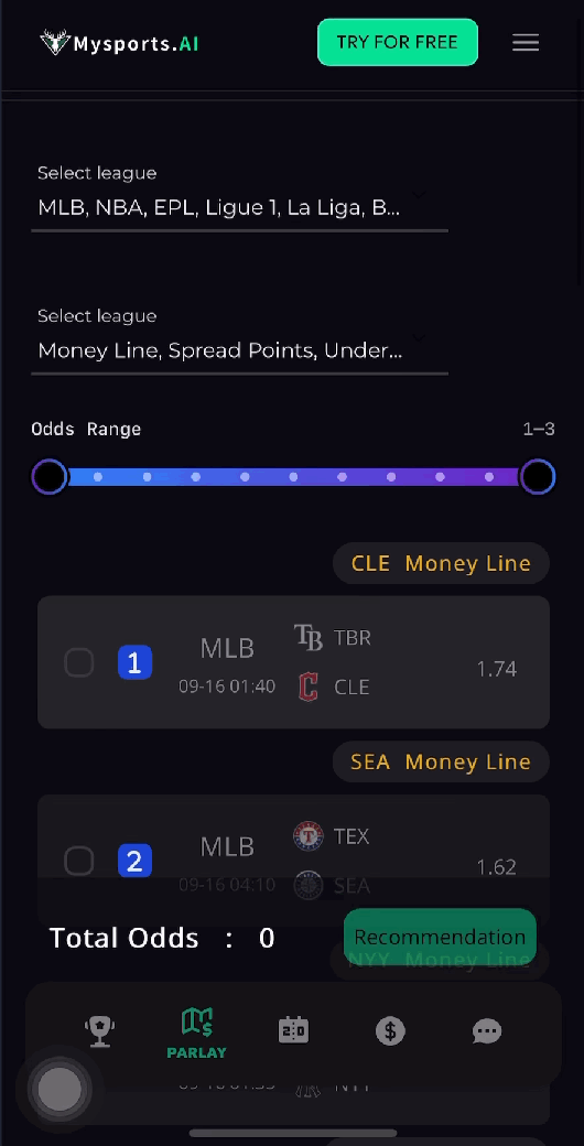 Mysports.AI's Parlay Feature.