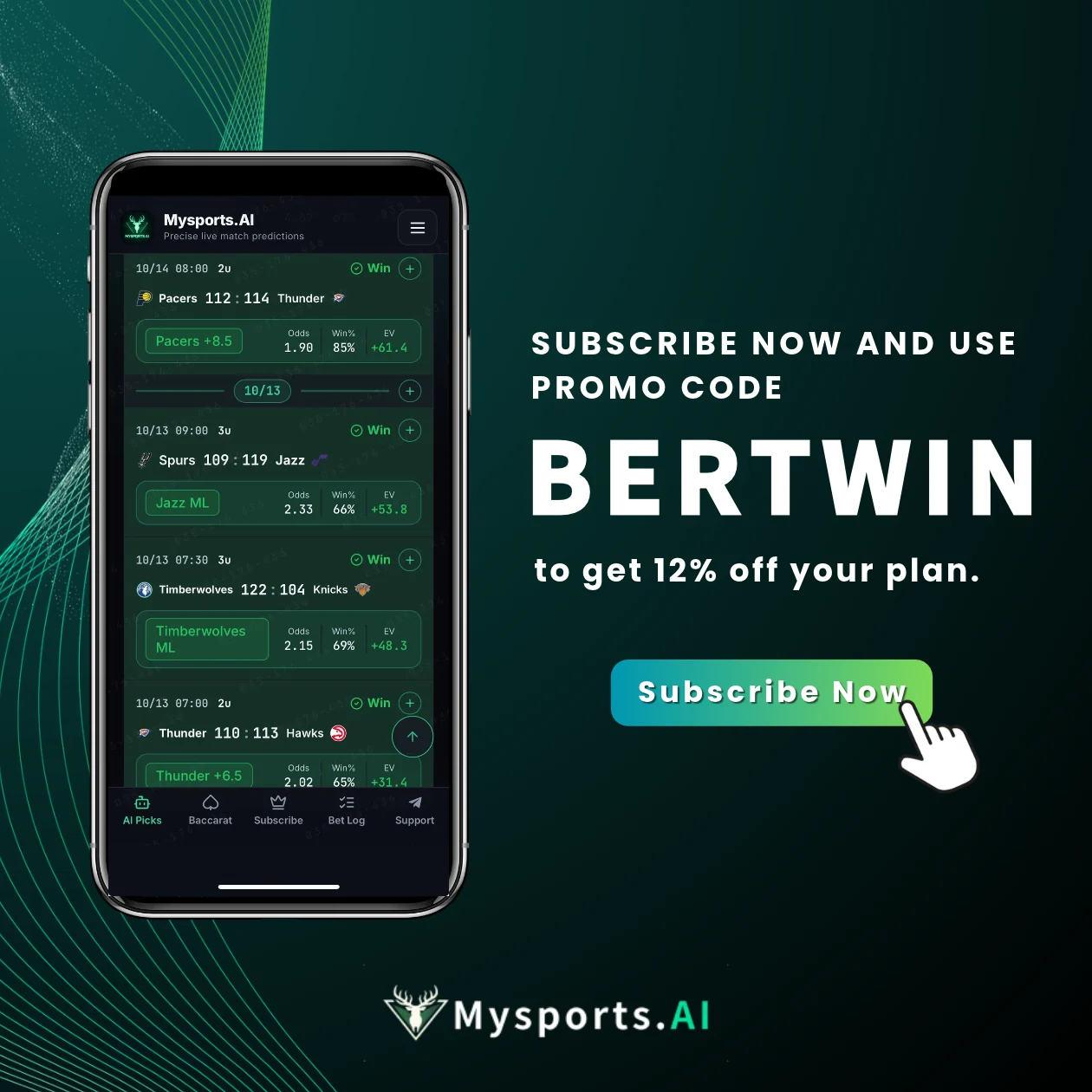 Mysports.AI sports prediction platform interface with promo code BERTWIN for 12% off subscriptions