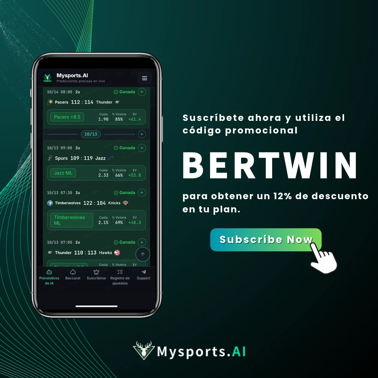 Interfaz de la plataforma de pronósticos deportivos de Mysports.AI y código de descuento BERTWIN con un 12% de descuento en la suscripción