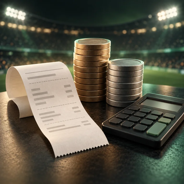 A receipt, coins and a calculator under stadium lights, representing trading costs