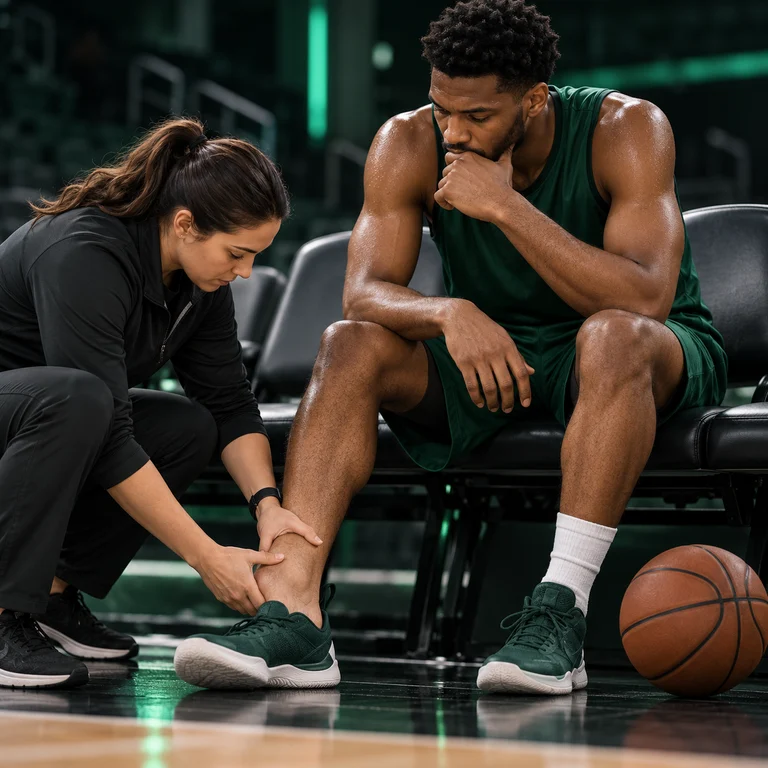 A basketball player having their ankle checked by a trainer courtside, waiting to find out if they can play