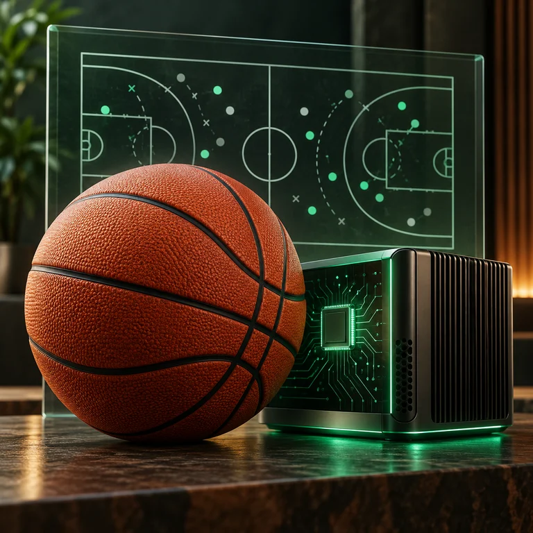 A basketball, a glowing computing device and a court analysis panel, illustrating AI analyzing games