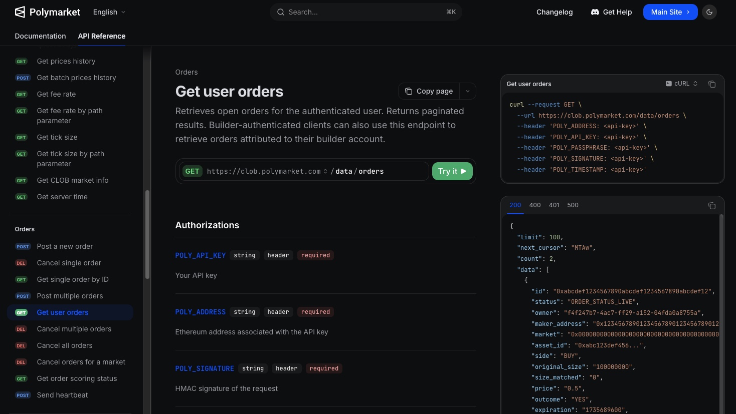 Polymarket API 文档：orders / activity / positions 端点